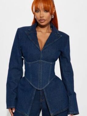 Get Down To Business Corseted Denim Blazer Jacket - Dark Wash
